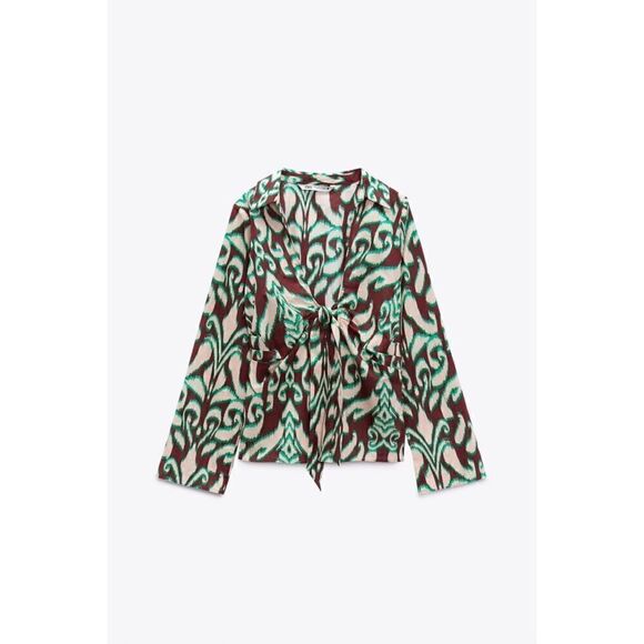 NWT Zara The Selena Blouse Printed Collared V-Neckline Tie Front Long Sleeve Top - Picture 5 of 13